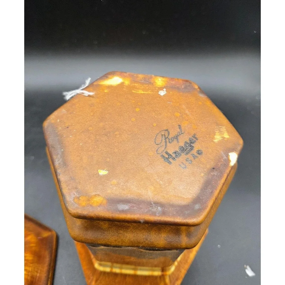 Vintage Royal Haeger Brown Dripware Pottery Canister‎ Hexagonal W Lid 7.5